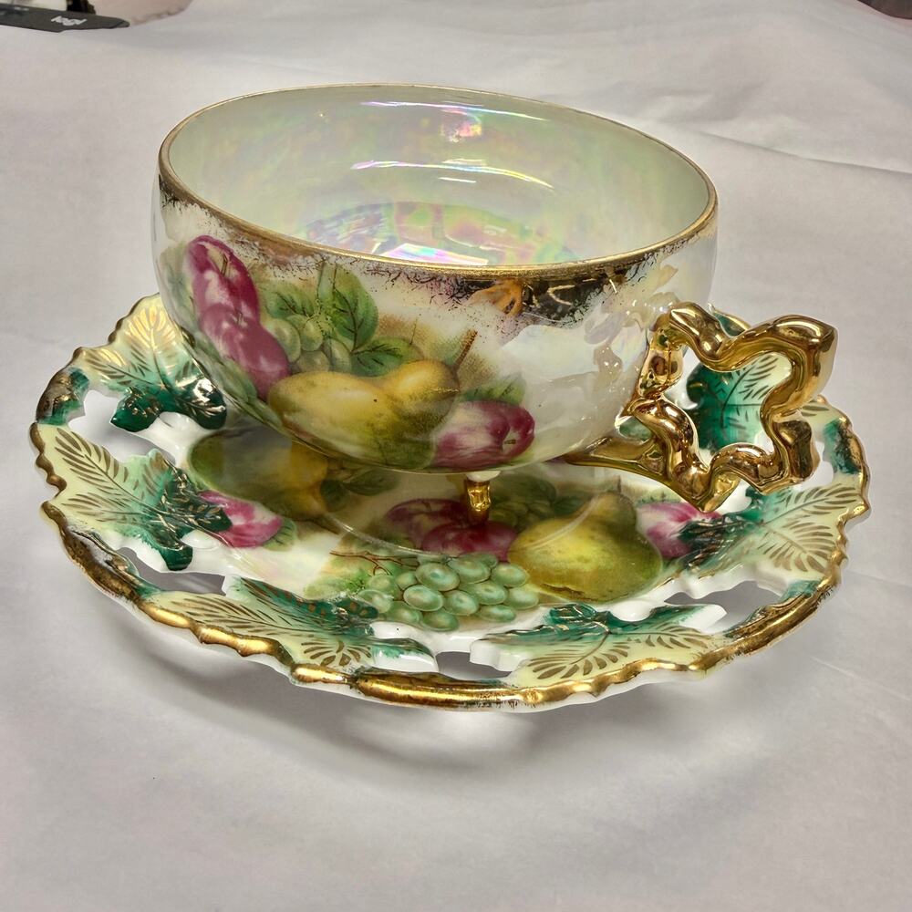 Royal Sealy Tea Cup and Saucer Lusterware Fruit Pear Apple Premium Line 1960s
